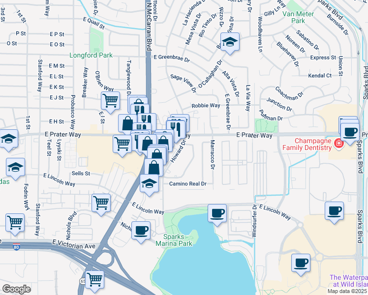 map of restaurants, bars, coffee shops, grocery stores, and more near 590 Howard Drive in Sparks