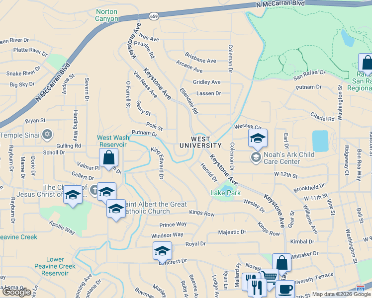 map of restaurants, bars, coffee shops, grocery stores, and more near 2151 Cobblestone Court in Reno