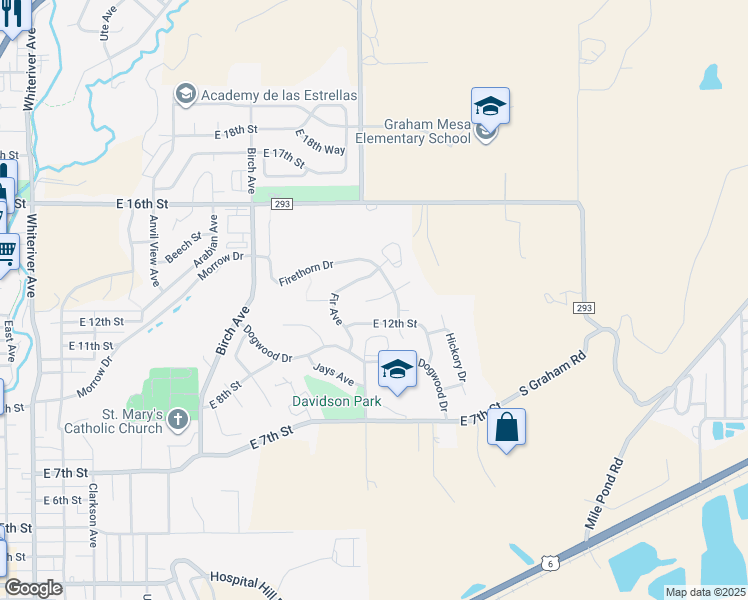 map of restaurants, bars, coffee shops, grocery stores, and more near 1342 West Spruce Court in Rifle