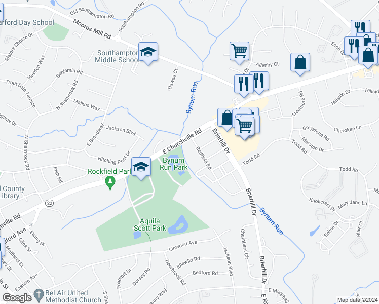 map of restaurants, bars, coffee shops, grocery stores, and more near 900 Hillswood Road in Bel Air