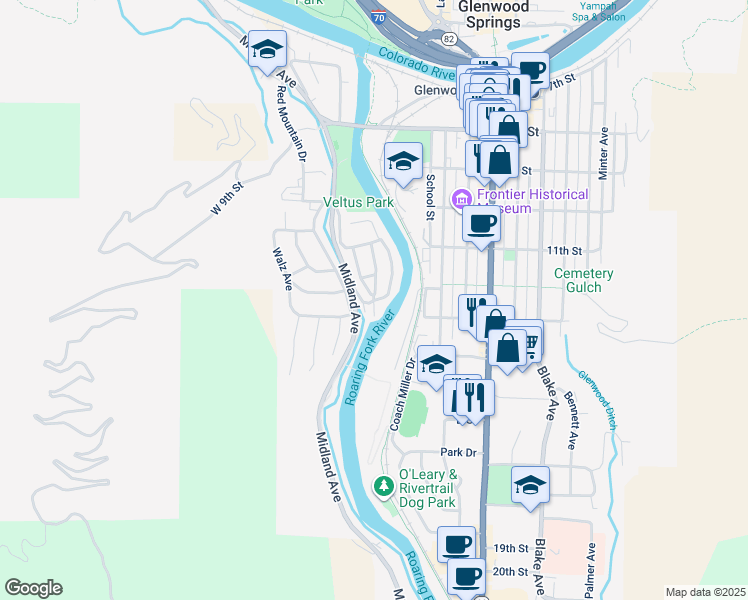 map of restaurants, bars, coffee shops, grocery stores, and more near 1299 Sprucewood Ln in Glenwood Springs