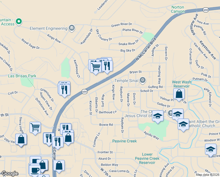map of restaurants, bars, coffee shops, grocery stores, and more near in Reno