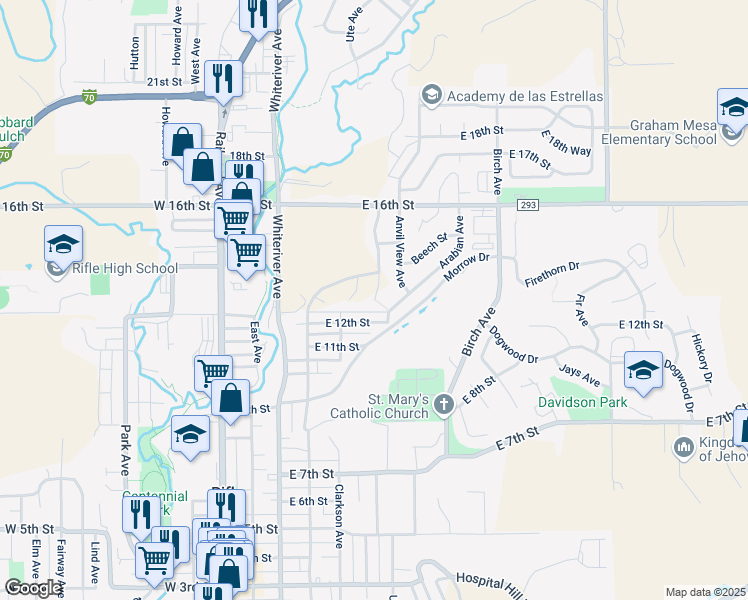 map of restaurants, bars, coffee shops, grocery stores, and more near 703 Rifle Heights Drive in Rifle