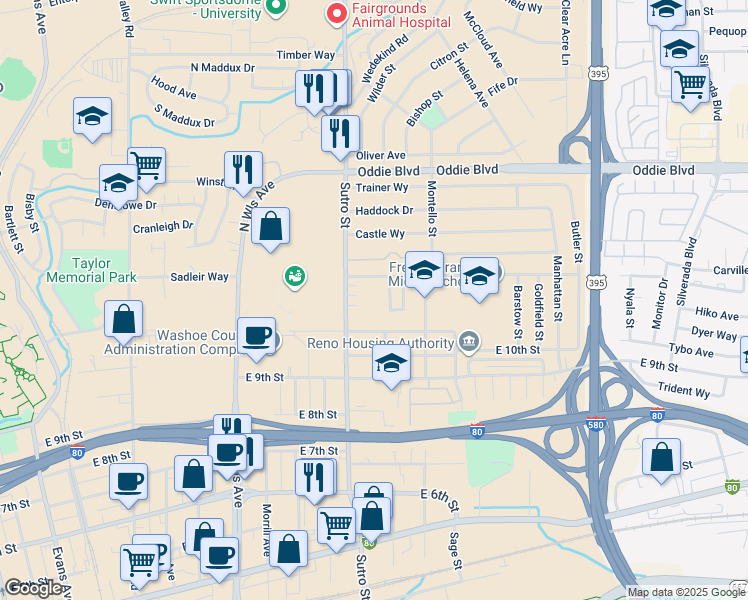 map of restaurants, bars, coffee shops, grocery stores, and more near 1244 Carville Drive in Reno