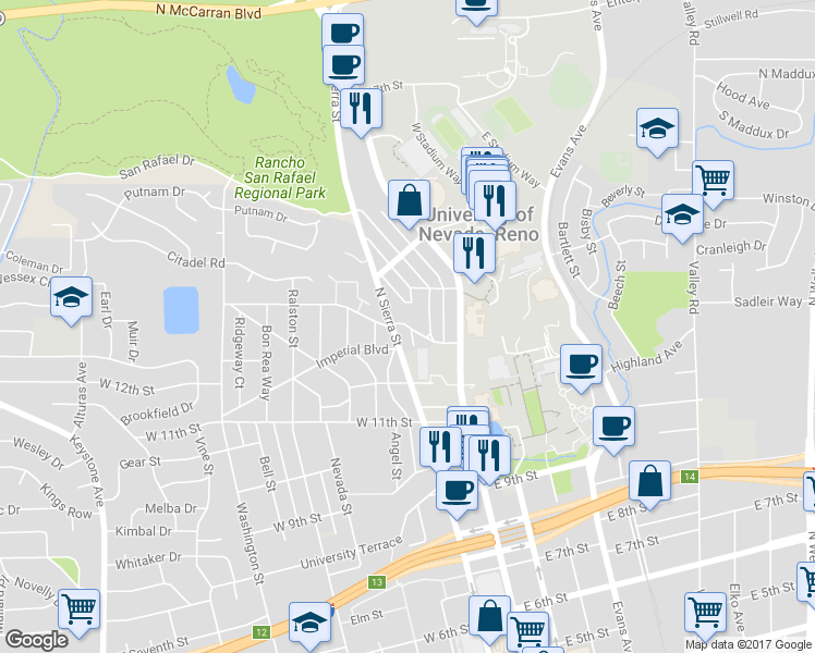 map of restaurants, bars, coffee shops, grocery stores, and more near 1341 Hillside Drive in Reno