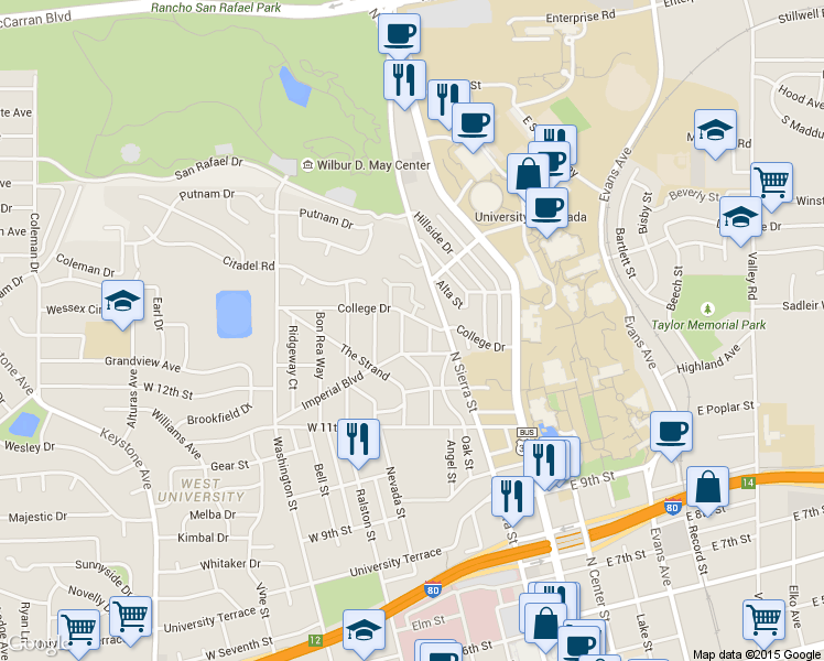 map of restaurants, bars, coffee shops, grocery stores, and more near 1330 Buena Vista Avenue in Reno