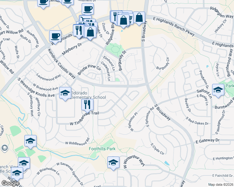 map of restaurants, bars, coffee shops, grocery stores, and more near 9721 Burberry Way in Littleton