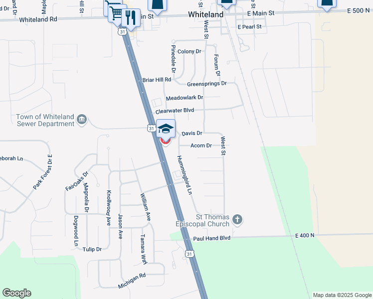 map of restaurants, bars, coffee shops, grocery stores, and more near 462 Acorn Drive in Whiteland