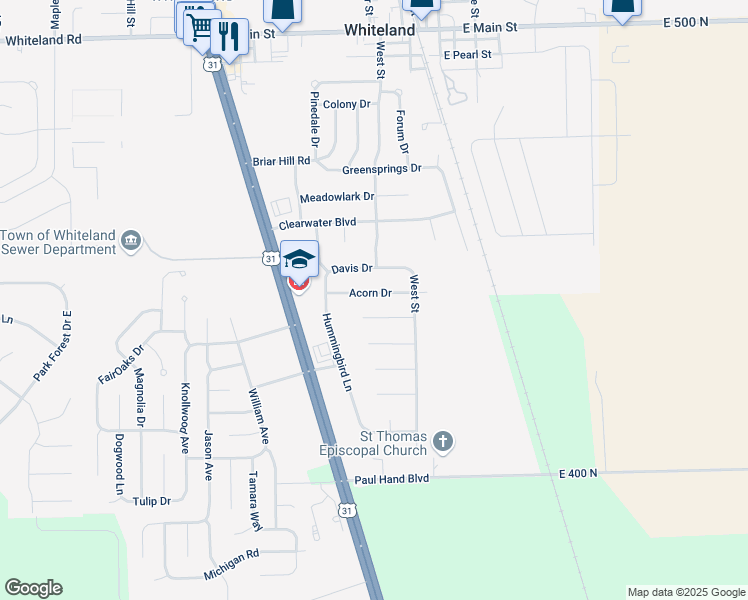 map of restaurants, bars, coffee shops, grocery stores, and more near 522 Acorn Drive in Whiteland