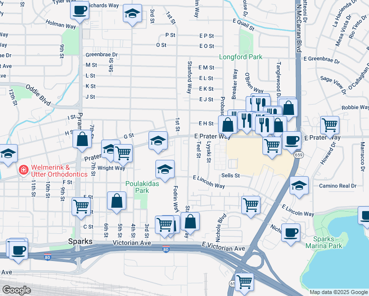 map of restaurants, bars, coffee shops, grocery stores, and more near 737 Stanford Way in Sparks