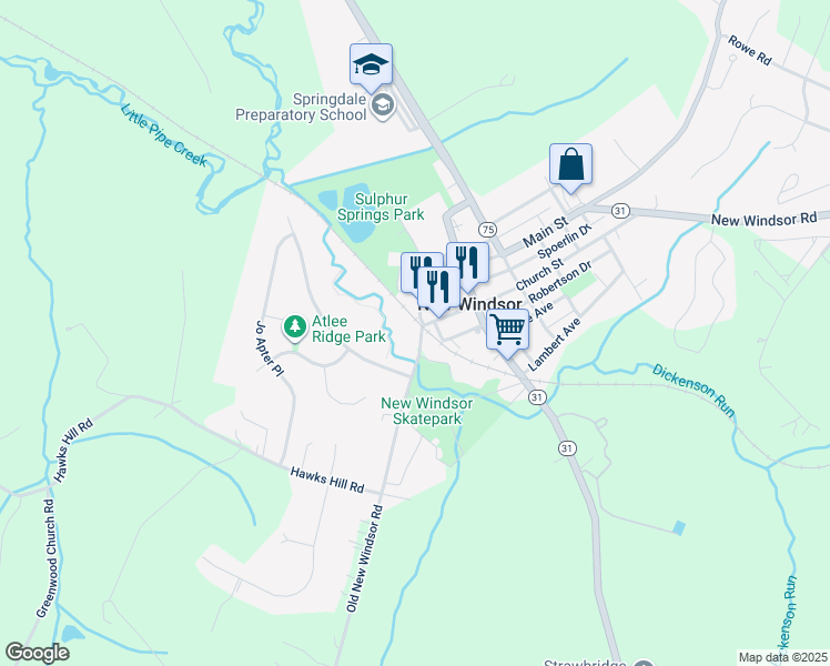 map of restaurants, bars, coffee shops, grocery stores, and more near 1199 Old New Windsor Road in New Windsor