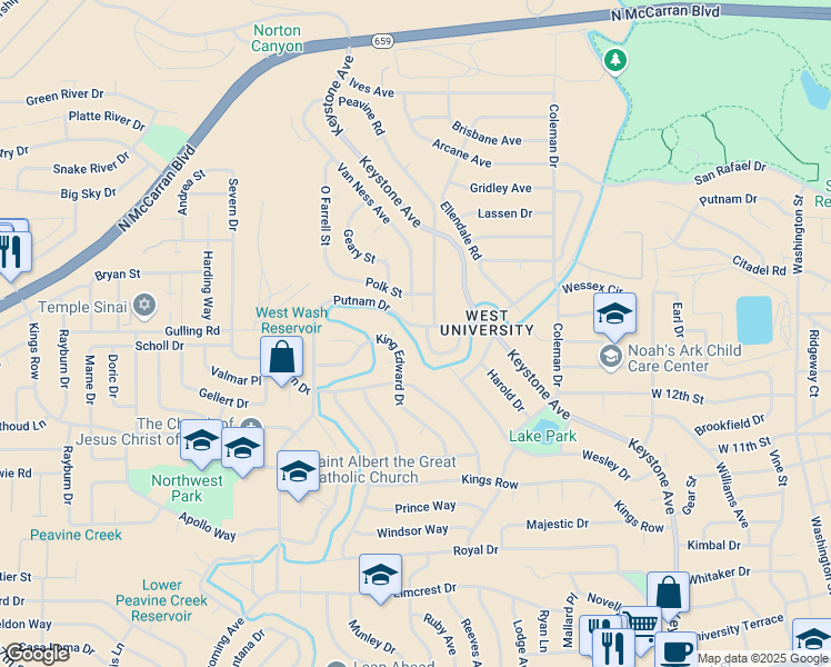map of restaurants, bars, coffee shops, grocery stores, and more near 2325 Putnam Drive in Reno