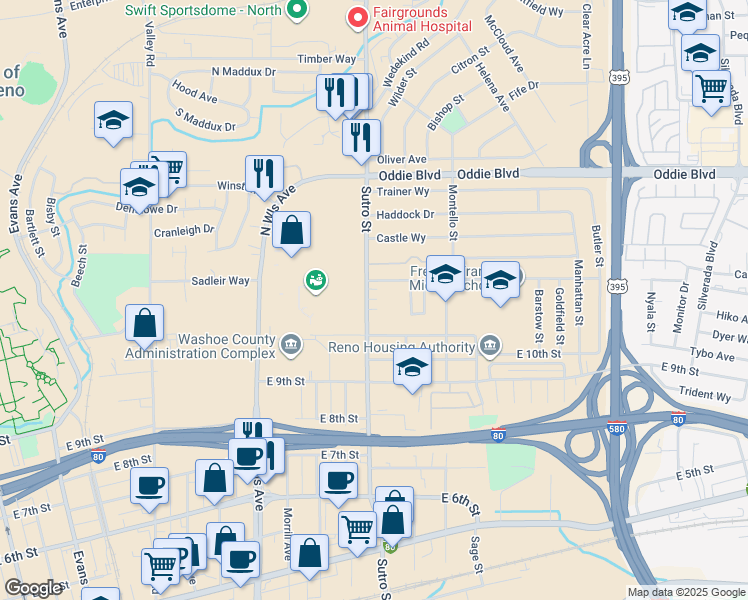 map of restaurants, bars, coffee shops, grocery stores, and more near in Reno