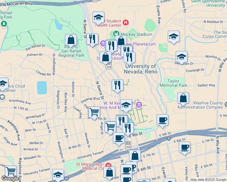 map of restaurants, bars, coffee shops, grocery stores, and more near 1341 Hillside Drive in Reno