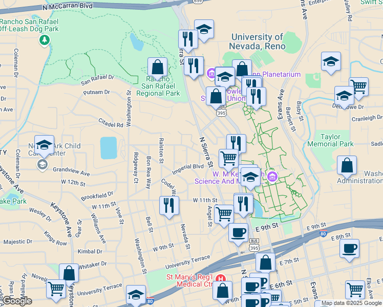 map of restaurants, bars, coffee shops, grocery stores, and more near 1330 Buena Vista Avenue in Reno