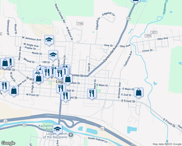 map of restaurants, bars, coffee shops, grocery stores, and more near 159 East Street in Logan