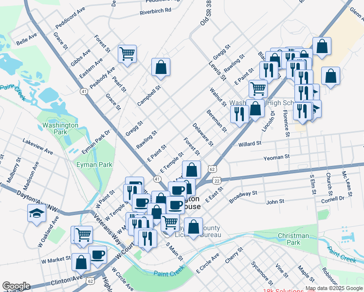 map of restaurants, bars, coffee shops, grocery stores, and more near 317 Forest Street in Washington Court House