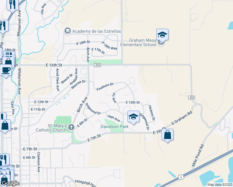 map of restaurants, bars, coffee shops, grocery stores, and more near 1257-1263 Fir Avenue in Rifle