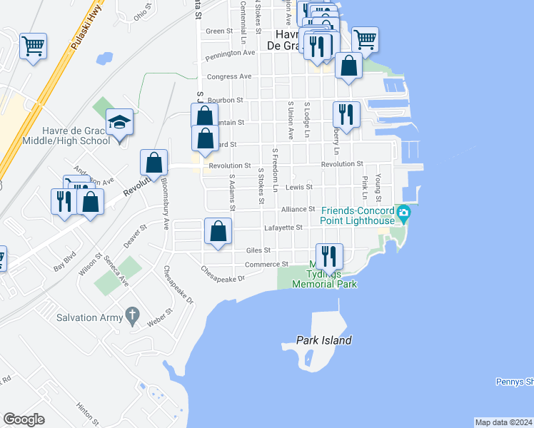 map of restaurants, bars, coffee shops, grocery stores, and more near 560 Alliance Street in Havre de Grace