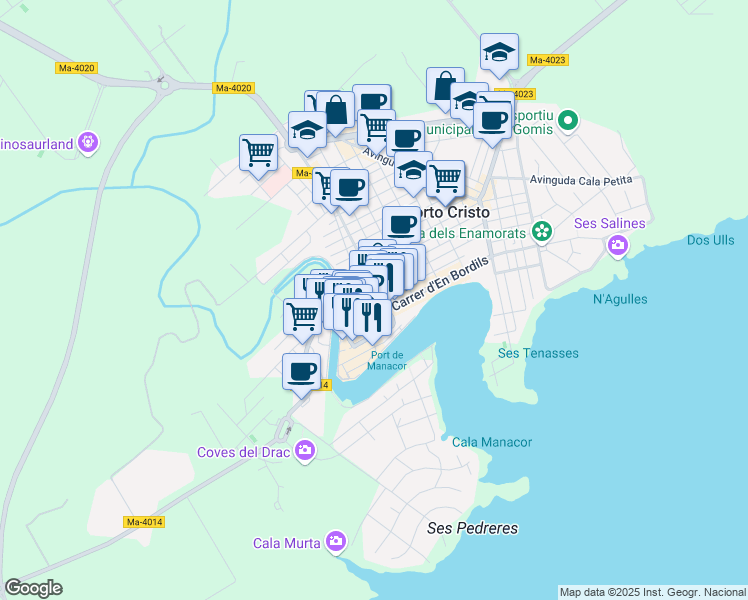 map of restaurants, bars, coffee shops, grocery stores, and more near 12 Carrer d'en Sanglada in Porto Cristo