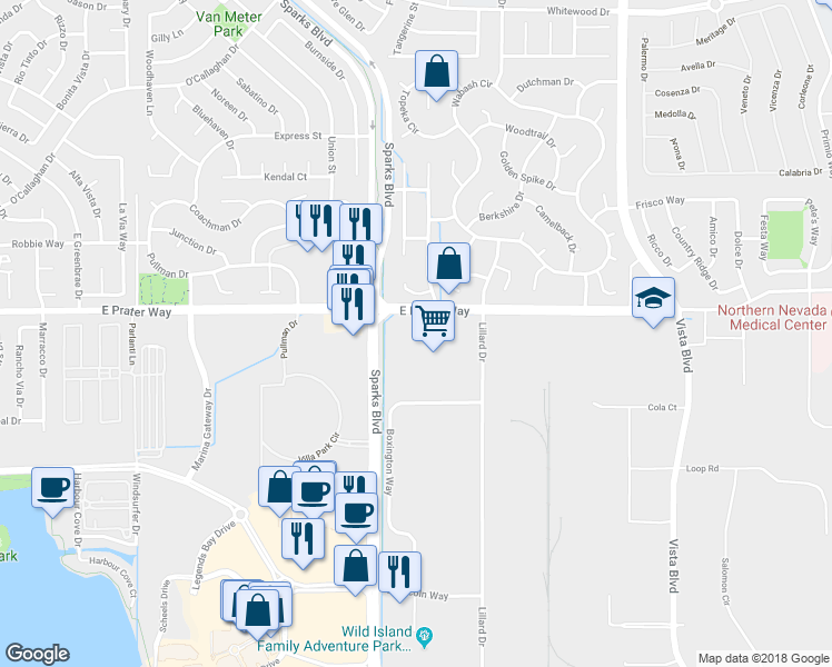 map of restaurants, bars, coffee shops, grocery stores, and more near 1625 East Prater Way in Sparks