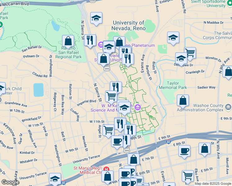 map of restaurants, bars, coffee shops, grocery stores, and more near 1325 North Virginia Street in Reno