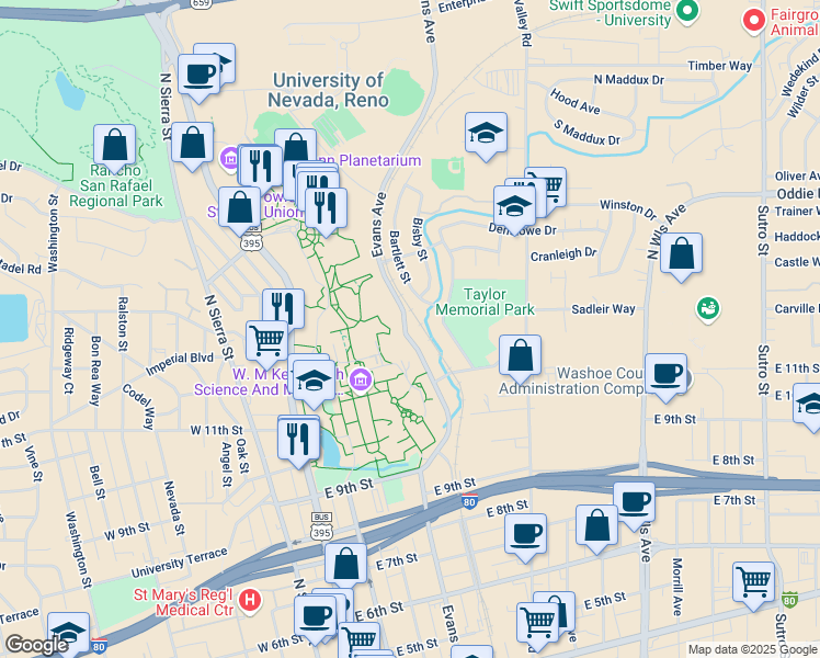 map of restaurants, bars, coffee shops, grocery stores, and more near 1190 Evans Avenue in Reno