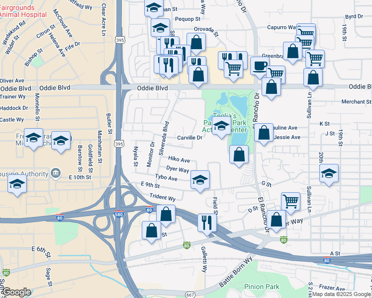 map of restaurants, bars, coffee shops, grocery stores, and more near 2535 Tom Sawyer Drive in Reno