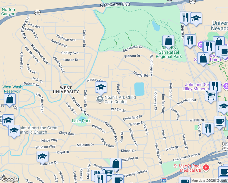 map of restaurants, bars, coffee shops, grocery stores, and more near 1370 Alturas Avenue in Reno