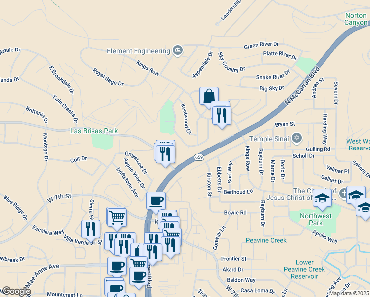 map of restaurants, bars, coffee shops, grocery stores, and more near 3912 Buckingham Square in Reno