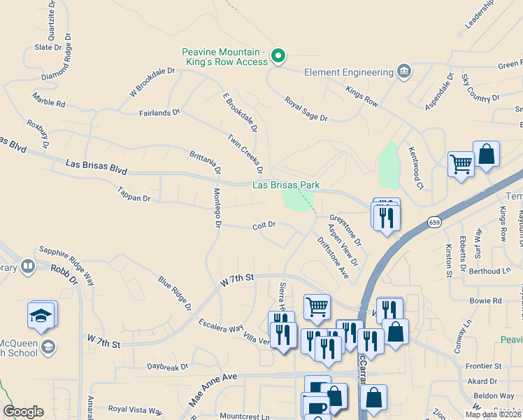 map of restaurants, bars, coffee shops, grocery stores, and more near 5294 Tappan Court in Reno