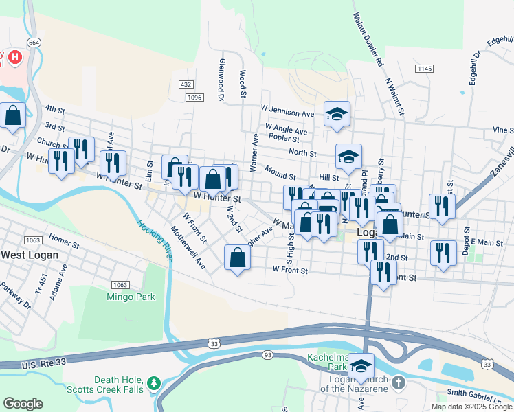 map of restaurants, bars, coffee shops, grocery stores, and more near 401-433 West Hunter Street in Logan