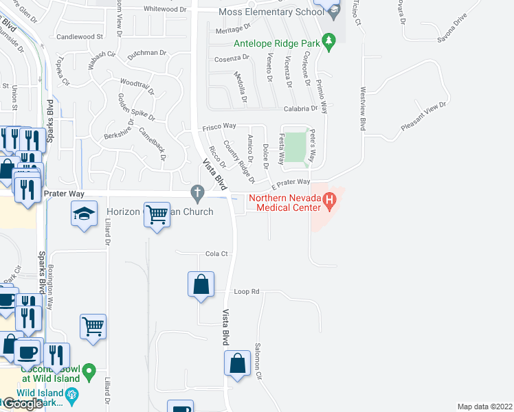 map of restaurants, bars, coffee shops, grocery stores, and more near 2121 East Prater Way in Sparks