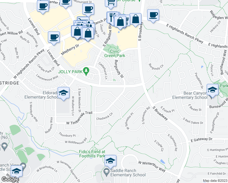 map of restaurants, bars, coffee shops, grocery stores, and more near 9721 Burberry Way in Littleton