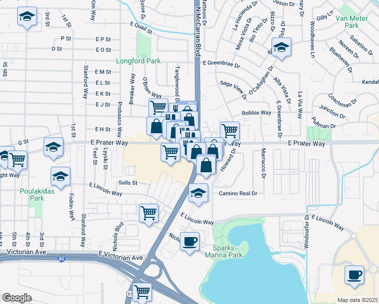 map of restaurants, bars, coffee shops, grocery stores, and more near 685 East Prater Way in Sparks