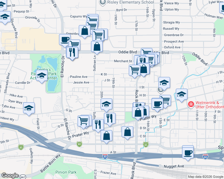 map of restaurants, bars, coffee shops, grocery stores, and more near 933 19th Street in Sparks
