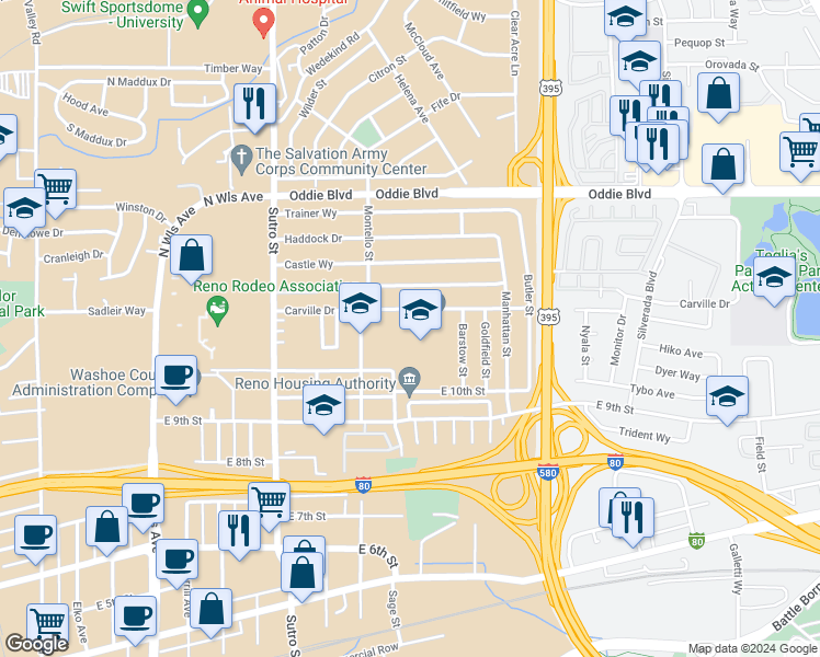 map of restaurants, bars, coffee shops, grocery stores, and more near 1600 Carville Drive in Reno