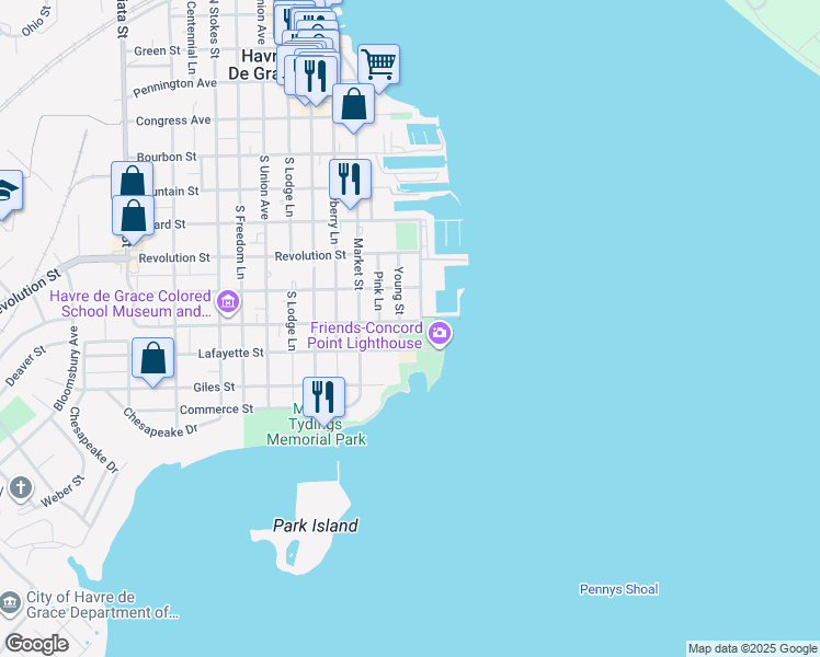 map of restaurants, bars, coffee shops, grocery stores, and more near 712 Concord Street in Havre de Grace