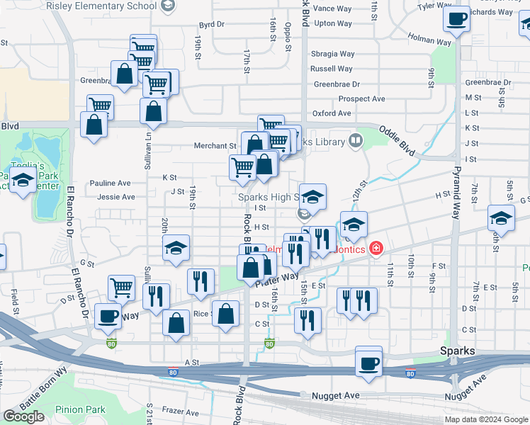 map of restaurants, bars, coffee shops, grocery stores, and more near 1625 I Street in Sparks