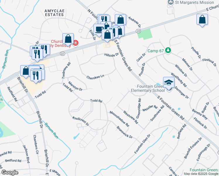 map of restaurants, bars, coffee shops, grocery stores, and more near 308 Cherokee Place in Bel Air