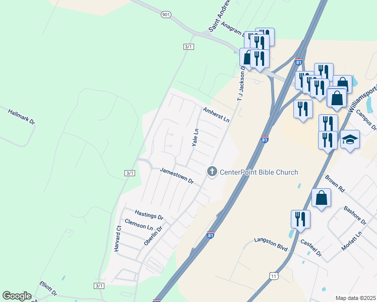 map of restaurants, bars, coffee shops, grocery stores, and more near 75 Yale Lane in Falling Waters