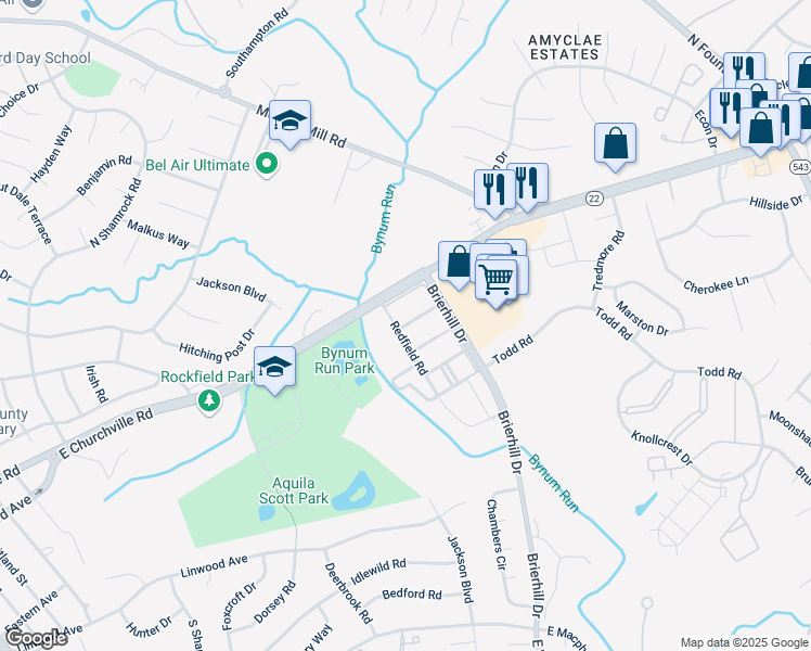 map of restaurants, bars, coffee shops, grocery stores, and more near Hillswood Road in Bel Air