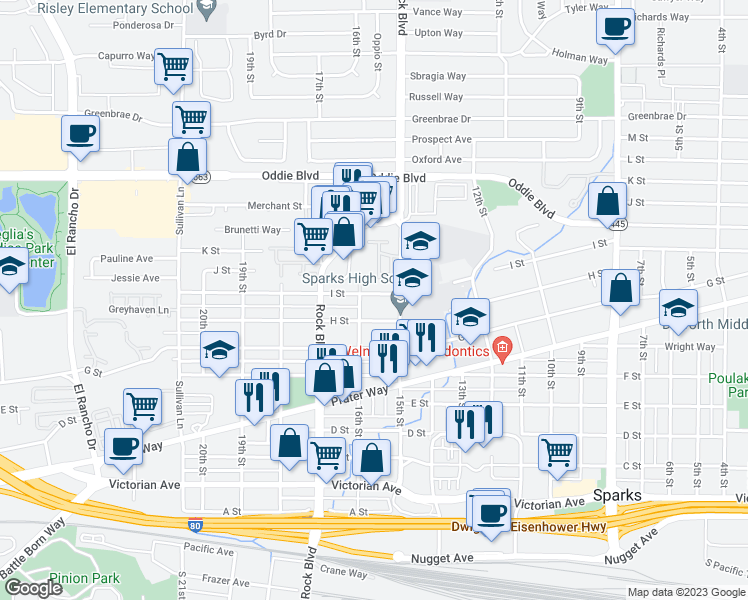 map of restaurants, bars, coffee shops, grocery stores, and more near 1541 I Street in Sparks