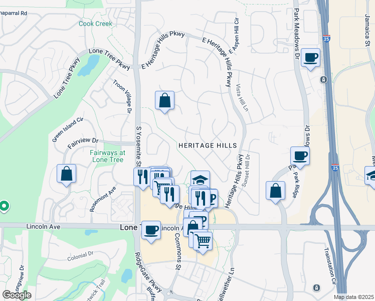 map of restaurants, bars, coffee shops, grocery stores, and more near 10057 South Shadow Hill Drive in Lone Tree