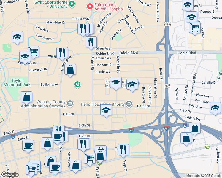 map of restaurants, bars, coffee shops, grocery stores, and more near 1250 Arnold Drive in Reno