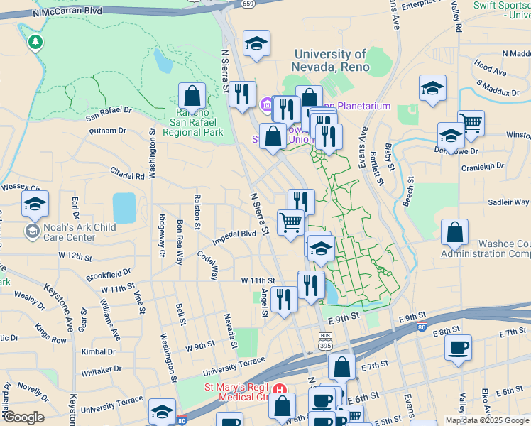 map of restaurants, bars, coffee shops, grocery stores, and more near 1412 North Sierra Street in Reno