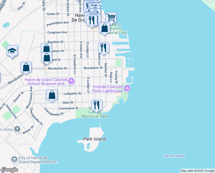 map of restaurants, bars, coffee shops, grocery stores, and more near 701 Market Street in Havre de Grace