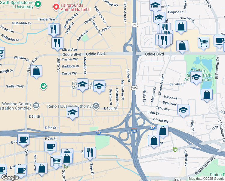 map of restaurants, bars, coffee shops, grocery stores, and more near 1270 Barstow Street in Reno