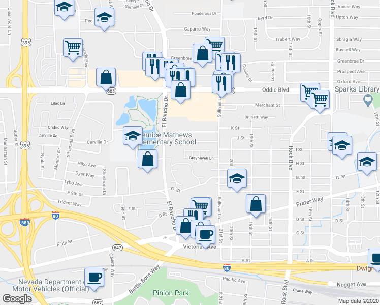 map of restaurants, bars, coffee shops, grocery stores, and more near 977 Boxcar Lane in Sparks