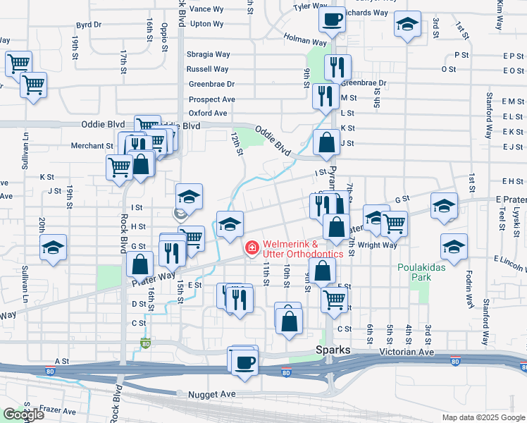 map of restaurants, bars, coffee shops, grocery stores, and more near 1043 H Street in Sparks